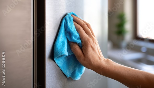 Hand with blue cloth wiping a shiny metal surface, cleaning appliance