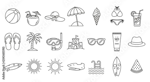 Set of hand drawn summer vacation beach holiday icons.