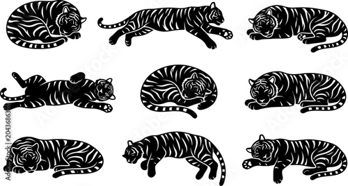 Quadro su tela Collection of nine black silhouette tiger icons featuring sleeping and prowling