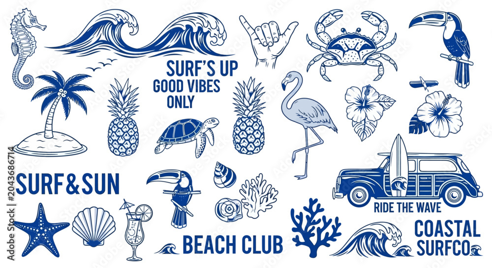 Obraz premium Summer Beach Vacation Set of Hand Drawn Illustrations.