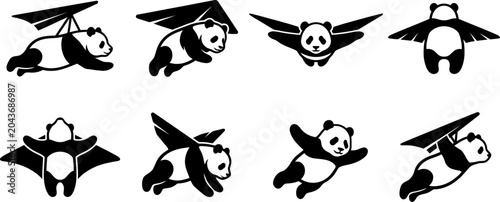 Tableau sur toile Fun vector set of cute pandas wearing hang gliders and flying through the air as