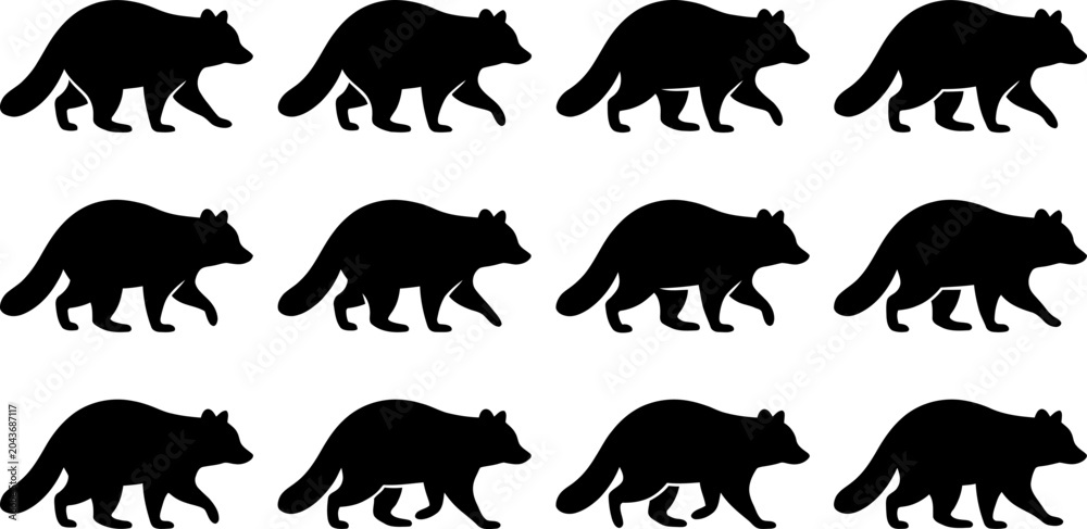 Obraz premium Twelve black raccoon silhouettes in walking pose arranged in a grid for nature and wildlife patterns