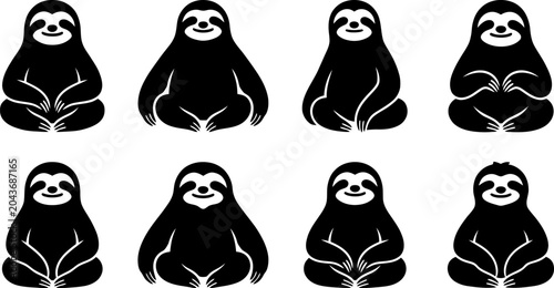 Tableau sur toile Cute sloth silhouette collection in sitting and relaxed meditative poses vector