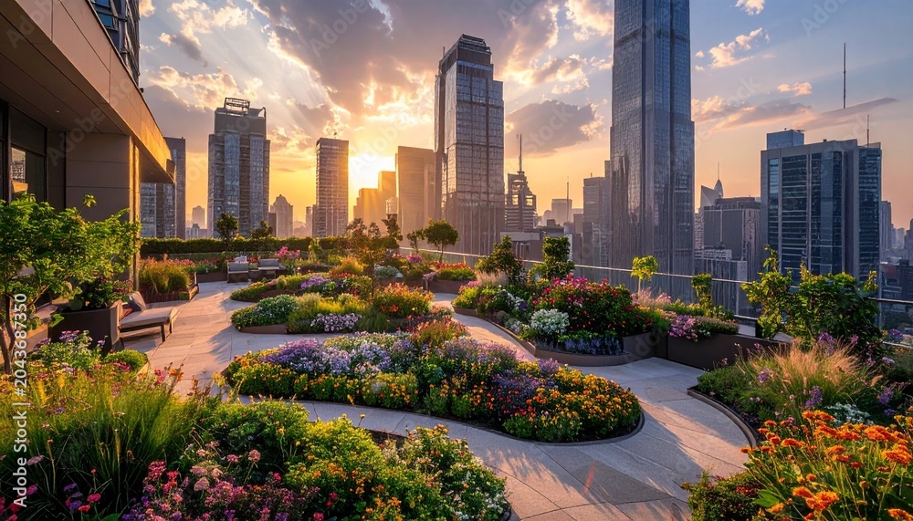 Fototapeta premium Modern city skyline with urban park and skyscrapers at dusk.