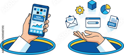 Digital communication and data management illustration with smartphone hand and floating icons representing online productivity creative artwork