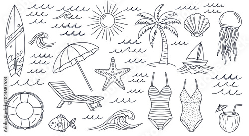 Hand drawn summer beach vacation doodle set elements.