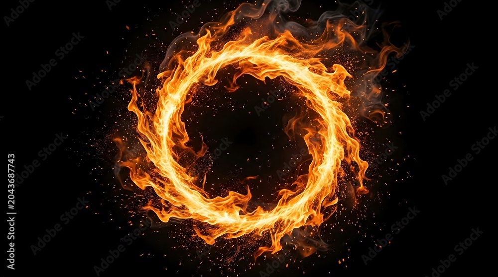 Fototapeta premium Dramatic Fire Ring and Burning Flame Circle isolated on White, Fiery Halo and Sun Element for Powerful Sports Branding, Gaming Graphics, and Energy Concepts