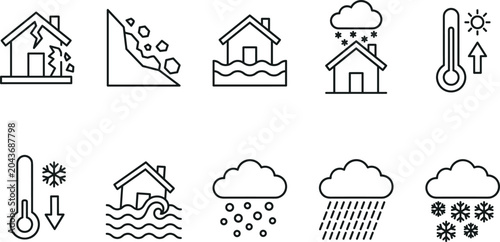 Φωτογραφία Natural disaster and extreme weather line icons collection featuring flood earthquake and temperature change