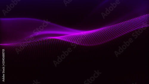 An abstract colorful background with a dynamic light wave. Numerous bright dots form smooth waves. Soft lighting creates a sense of depth and elegance. A futuristic 3D dot wave.