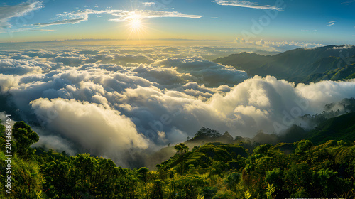Breathtaking sunrise over a sea of clouds in the lush green mountains of Nilgiri