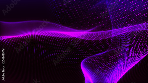 An abstract colorful background with a dynamic light wave. Numerous bright dots form smooth waves. Soft lighting creates a sense of depth and elegance. A futuristic 3D dot wave.