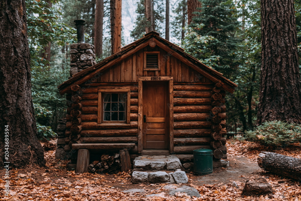 Naklejka premium Charming Rustic Hunting Lodge Nestled Among Towering Pines and Warm Earth Tones, Inviting Adventurers to Embrace Nature's Splendor