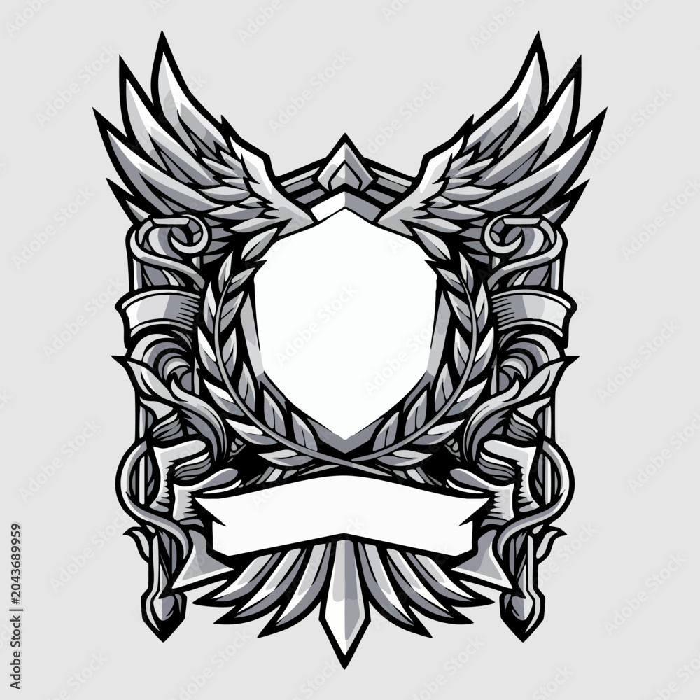 Fototapeta premium Ornate Dragon Shield Emblem with Banner Heraldic Vector Design