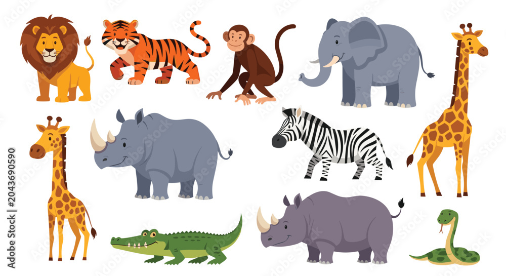 Obraz premium Educational set of cartoon wild animals from the savannah and jungle including a lion tiger elephant giraffe rhino and zebra.