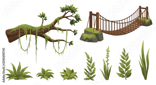Jungle adventure elements include a large mossy tree branch, a rickety wooden rope bridge, and various tropical green plants and ferns.
