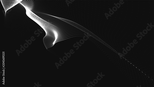An abstract black and white dynamic wave. Streams of bright dots form smooth waves against a dark background. The radiating light creates a sense of depth and elegance. Futuristic 3D dot wave.