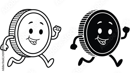 Minimalist black and white vector illustration of a running coin character, perfect for finance, savings, and investment-themed graphic design projects.