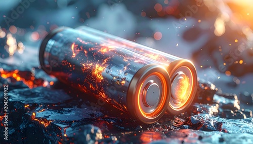 A close-up of two cylindrical batteries on a dark, fiery surface
