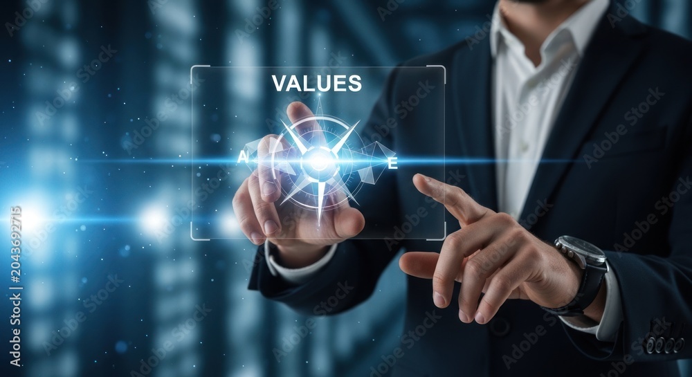 © Rabeiroo - Businessman touching digital screen for word values glowing compass, for corporate ethics, strategic direction, moral principles, professional business leadership © Rabeiroo - Businessman touching digital screen for word values glowing compass, for corporate ethics, strategic direction, moral principles, professional business leadership