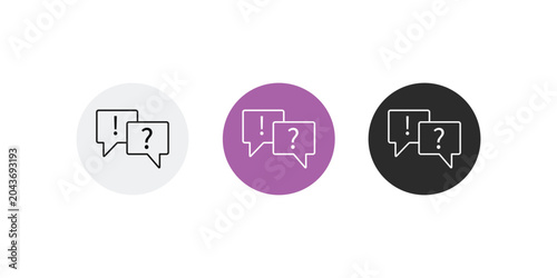 Three circular icons representing chat bubbles with question and exclamation marks in different colors