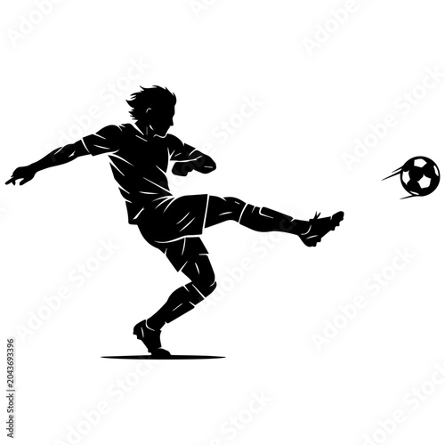 Fotografie Silhouette of a soccer player kicking a ball during a penalty kick, dynamic acti