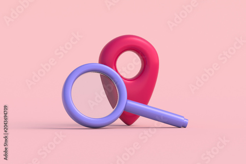 Position detection. Site selection analytics. Precise location search. Geographic data analysis. Exploring new destinations. Searching for a specific address. Magnifier near gps sign. 3d render