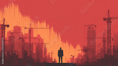 A silhouette of a businessman standing against a vibrant backdrop of construction cranes and economic graphs, symbolizing growth, progress, and the future of industry.