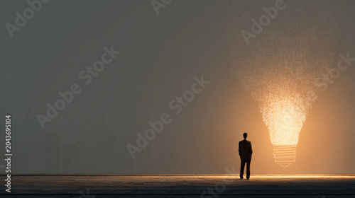 A solitary figure stands in a dim environment, illuminated by a glowing light bulb. This image symbolizes ideas, creativity, and inspiration, evoking deep contemplation.