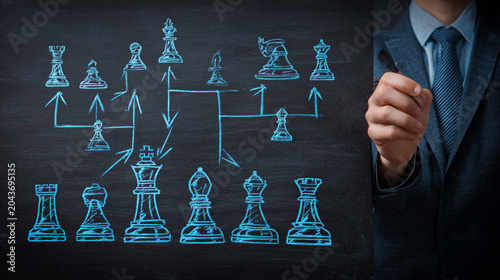 A strategic business plan illustrated with chess pieces on a blackboard. The image highlights decision-making, strategy, and competition in a corporate environment.