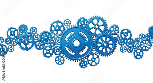 Tableau sur toile Connected rotating blue cogwheels forming complex industrial machinery mechanism isolated on white background representing collaborative mechanical engineering