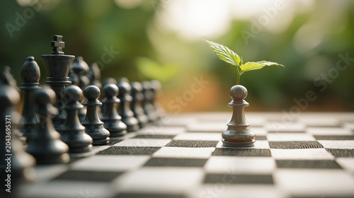 A unique blend of strategy and growth, this image captures a chessboard with a lone pawn sprouting a green leaf, symbolizing new beginnings and resilience amidst competition.