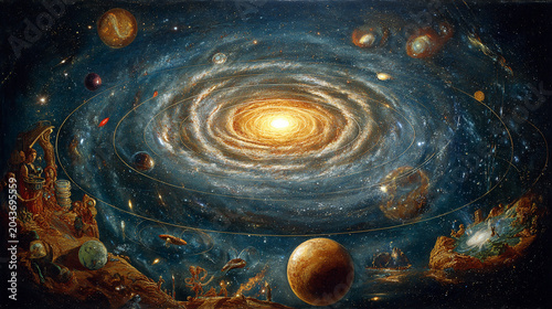 A vivid representation of the cosmos, showcasing swirling galaxies, vibrant planets, and stars against a rich backdrop of space