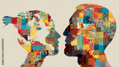 An artistic representation of two faces created with colorful patterns, symbolizing diversity and unity in human culture