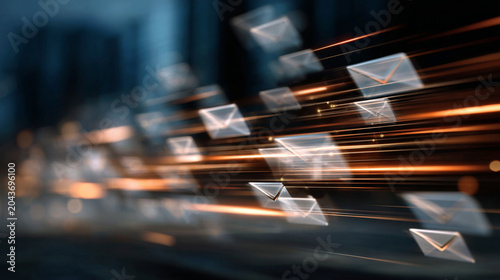 Dynamic composition of flying envelopes representing fast communication in the digital age. A blend of motion and technology symbolizing modern messaging concepts.