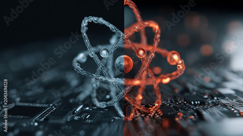 This striking image features a digital representation of atomic structure, showcasing intricate details of atoms with contrasting colors against a tech-inspired background.