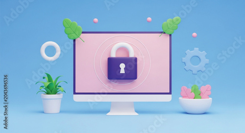 3d computer monitor showing purple lock icon on screen representing data security and online privacy protection surrounded by stylized plants and shapes.