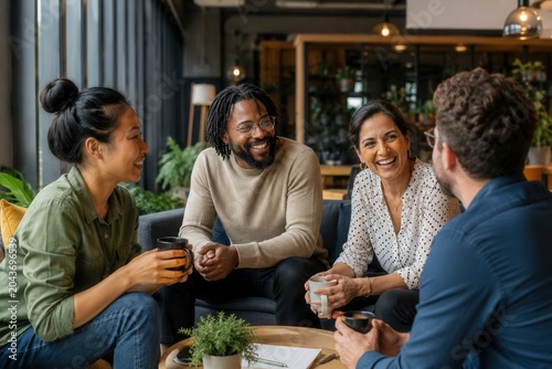Four friends laugh together in a cozy cafe