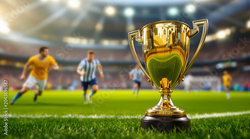 Golden trophy on soccer field with players in background