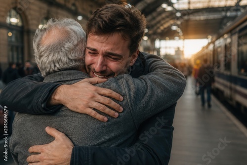 Young man embraces older man at train station