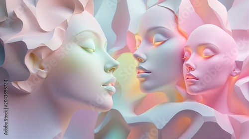 Three 3D Rendered Female Faces in Pastel Hues