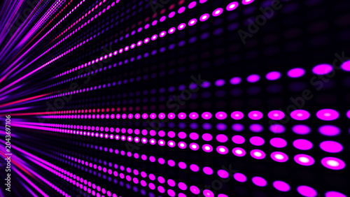 The illustration shows a bright LED or pixel panel where bright stripes of blue, purple and white light create an effect of movement and energy. Digital flow. Dynamics of light and pixel energy.