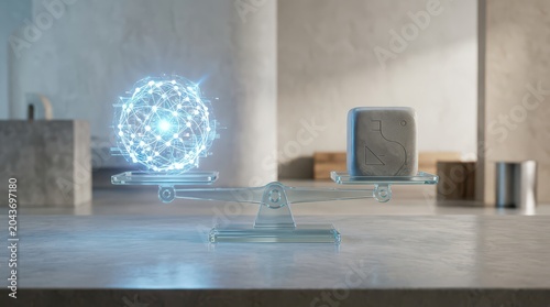 A futuristic digital globe with network connections balances on one side of a scale, while a physical cube sits on the other, symbolizing the contrast between digital and physical worlds.