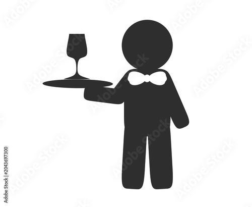waiter holding a serving tray with a glass. Ideal for restaurant services, hospitality businesses, catering, food service, hotels, dining establishments, customer service,
