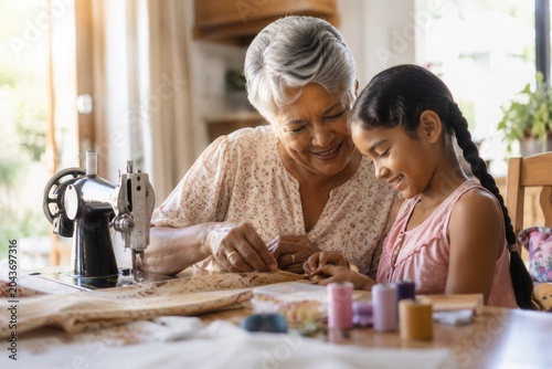 Grandmother and granddaughter share a joyful sewing moment