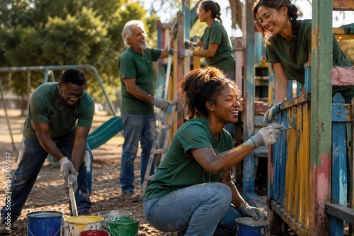 Sunlit park where volunteers paint playground equipment