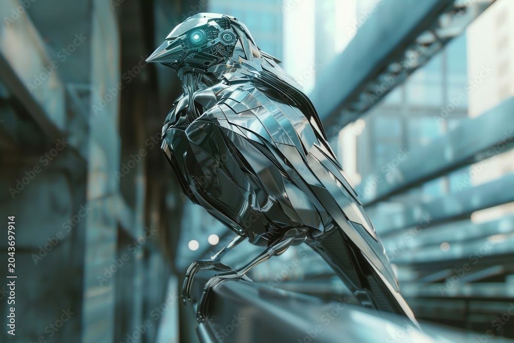 Obraz premium Metallic bird perches on sleek urban railing