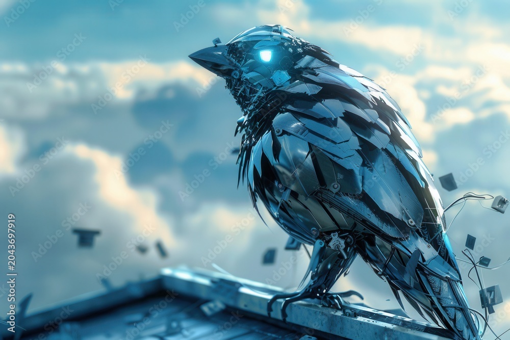 Fototapeta premium Metallic raven perches atop weathered rooftop