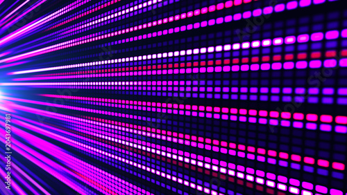 The illustration shows a bright LED or pixel panel where bright stripes of blue, purple and white light create an effect of movement and energy. Digital flow. Dynamics of light and pixel energy.