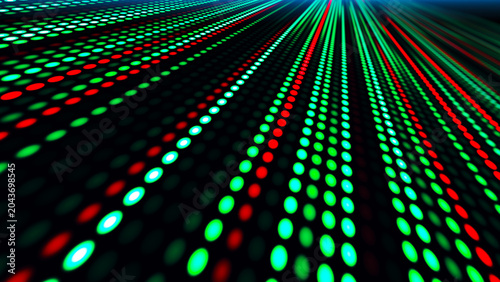 The illustration shows a bright LED or pixel panel where bright stripes of red, green and white light create an effect of movement and energy. Digital flow. Dynamics of light and pixel energy.