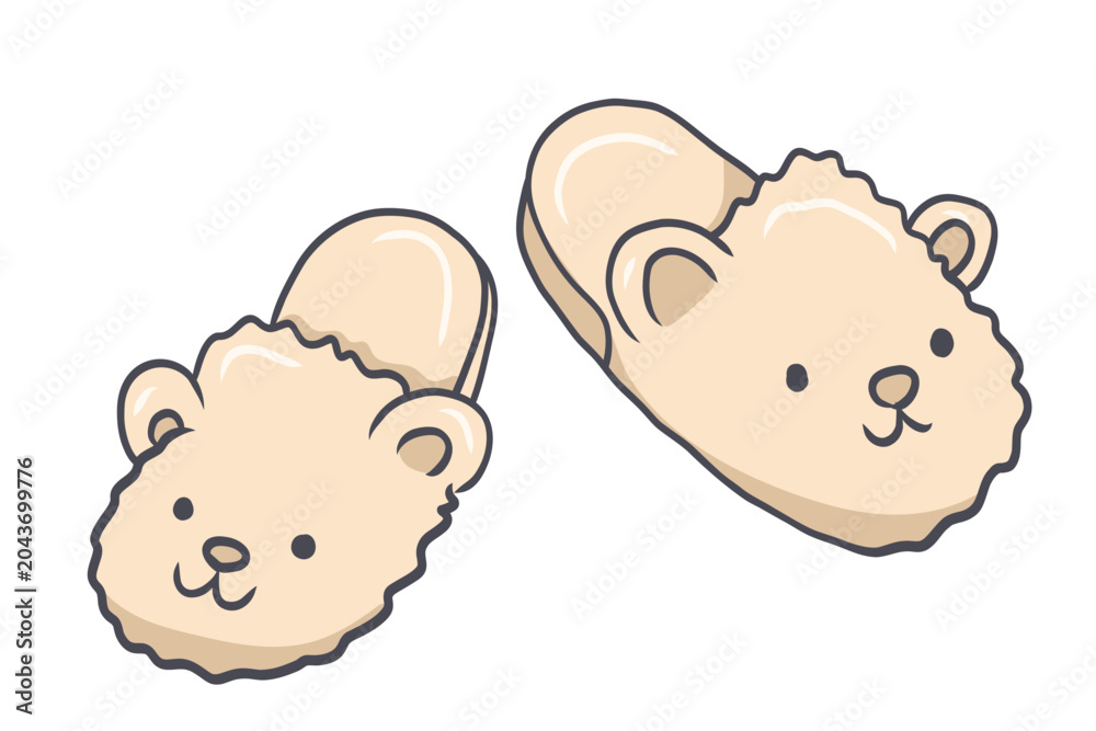 Fototapeta premium Bear shaped slippers hand drawn cartoon illustration for cozy home wear, kids fashion and pajama party themes.